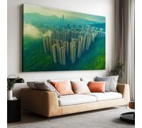 Toile Peinture Tableau Decoration Murale Montagne Verte Ville Paysage Impression sur Toile Art Affiche Salon Chambre Maison Décoratifs Moderne Aesthetic Room Decor sans Cadre (70 X 50 cm)