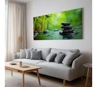Toile Peinture Tableau Murale Feuille Bambou Goutte Eau Pierre Noire Paysage Impression sur Toile Art Affiche Salon Chambre Maison Décoratifs Moderne Aesthetic Room Decor sans Cadre (80 X 60 cm)