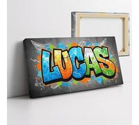 Toile personnalisée prénom graffiti bleu tag urbain tableau mural street art déco chambre enfant ou ado moderne cadeau personnalisé anniversaire naissance baptême Noël toile murale design prénom