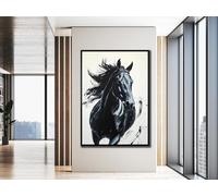 Toile représentant un cheval en noir et blanc : art mural équestre, portrait animalier, impression sur toile sur le thème de la nature, décoration murale pour la maison (40 x 60 cm/cadre intérieur)