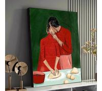 Toile représentant un couple cuisinant ensemble, Moment intime en cuisine, Décoration murale, Peinture sur toile sur le thème de l'amour et de la complicité, Décoration intérieure (60x80cm/Sans cadre)