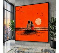 Toile représentant un couple romantique au coucher du soleil, illustration d'amour, décoration murale ciel orangé, affiches de scène de plage, peinture intime pour la maison (55x55cm/cadre intérieur)