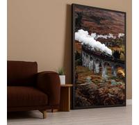 Toile représentant un viaduc traversant un train vintage, tableau mural panoramique sur toile, décoration historique pour les voyages en train, peinture de paysage (80 x 140 cm / cadre intérieur)