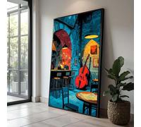 Toile représentant une scène de bar de jazz vintage, art mural d'instrument de musique, décoration intérieure, œuvre d'art sur contrebasse, impressions sur toile pour salon (55x100cm/sans cadre)