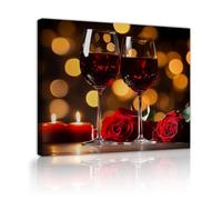 Toile romantique à la lumière des bougies Dîner Œuvres murales Bougies Lumières Verre de vin de rose Image décoration intérieure pour un couple Hommes femmes Cadre intérieur de la chambre 60x72cm
