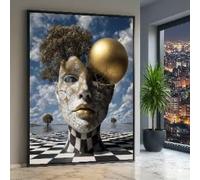 Toile sculptée représentant un visage surréaliste, une tête d'arbre abstraite, une sphère dorée à peindre, une texture craquelée, une décoration intérieure moderne (80 x 120 cm / cadre intérieur)