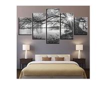 Toile Tableaux 5 Parties Lakeside Grand Arbre Peintures Noir Blanc Paysage Décor Le Salon Mur Art Affiche Toile Photo sans Cadre
