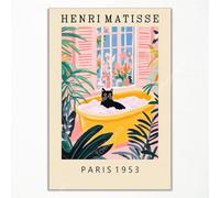 Toile vintage Henri Matisse - Poster drôle de chat noir - Impression de salle de bain de chat mignon - Décoration murale dopamine verte rose - Image florale botanique tropicale 40x60cm sans cadre