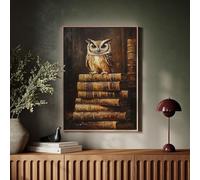 Toile vintage représentant un hibou sage sur des livres, décoration rustique pour un bureau, art pour les amoureux des livres anciens, images d'animaux (50x70cm/sans cadre)