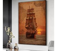 Toile vintage représentant un voilier, une carte ancienne, une décoration murale maritime, un coucher de soleil sur l'océan, une toile représentant un navire historique (60 x 80 cm, sans cadre)