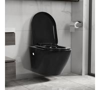 Toilette suspendue au mur sans rebord en céramique noire avec siège à fermeture douce, dimensions 36x48x41,5 cm, installation avec bâti support pour salle de bain moderne et hygiène