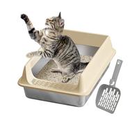 Toilettes pour chats en acier inoxydable avec pelle, conception accrue | Accessoires faciles à nettoyer pour les chats de taille moyenne et grands, appartements, balcon, jardin, terrasse, zone intérie