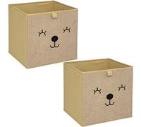 Toilinux.com Lot de 2 Boîtes de Rangement Enfant 29x29 cm - Effet Jute Visage Animal Mignon - Pliables - Compatibles Étagères à Cases & Kallax - Chambre Bébé