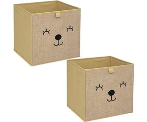 Toilinux.com Lot de 2 Boîtes de Rangement Enfant 29x29 cm - Effet Jute Visage Animal Mignon - Pliables - Compatibles Étagères à Cases & Kallax - Chambre Bébé