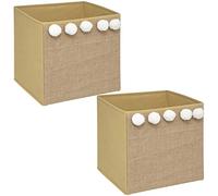 Toilinux.com Lot de 2 Boîtes de rangement enfant avec 5 Pompons - L. 29 x l. 29 cm - Marron et Blanc