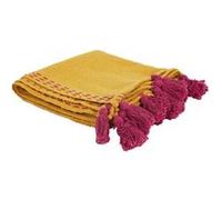 Toilinux - Jeté de canapé surpiqué avec Pompons - Jaune et rose Jaune