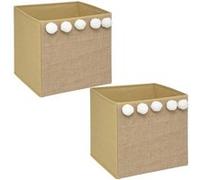 - Lot de 2 Boîtes de rangement enfant avec 5 Pompons - L. 29 x l. 29 cm - Marron et Blanc