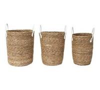 - Lot de 3 paniers tressés avec 2 anses en similicuir - Beige et Blanc