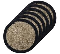 Toilinux - Lot de 6 sets de table rond en roseau et coton Pop - Diam. 38 cm - Noir