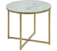 Toilinux - Table à café ronde effet marbre en verre et métal - Diam. 50 cm x H. 42 cm - Doré et blanc - Alysé Blanc