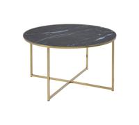 Toilinux - Table basse ronde en verre effet marbre - Diam. 80 cm - Doré et Noir - Alysé