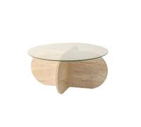 Toilinux - Table basse ronde en verre et effet travertin - Beige