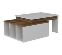 Toilinux - Table basse sur 2 niveaux avec 3 niches de rangement - Blanc et Marron - Kolarado Blanc G