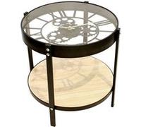 Toilinux - Table d'appoint en Verre et MDF - Diam.40,5cm - Bois et noir - Horloge Noir G