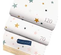 Toise murale enfant en toile, à suspendre avec baguettes en bois, inscriptible et pliable pour mesurer votre enfant (Etoiles - rose/vert/camel)