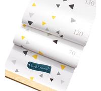 Toise murale enfant en toile, à suspendre avec baguettes en bois, inscriptible et pliable pour mesurer votre enfant (Triangles - jaune/gris/noir)