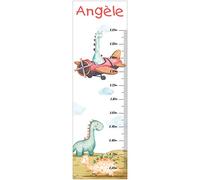 Toise sticker mural personnalisée pour chambre d'enfant. Motif : Dinosaure en avion à l'aquarelle. 130cm.