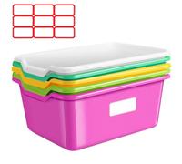 ToiULik Lot de 5 bacs de rangement empilables en plastique avec étiquette adhésive pour salle de classe, bibliothèque, salle de jeux, maison et bureau (cinq couleurs)