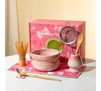 TOJUNE Kit Matcha Complet 8 Pièces, Fouet Matcha (Chasen), Chashaku, Tamis | Bol avec Bec Verseur, Cuillère en Bambou, Support de Fouet, Porte Cuillère, Torchon à Thé (Rose) (Sans Poudre de Matcha)