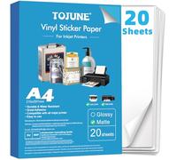 TOJUNE Papier Vinyl Autocollant Imprimable pour Imprimante À Jet D'encre et Laser, A4-21x29.7 cm, Imperméable, Découpe Arbitraire, Support Adhésif, Blanc Mat (20 Feuilles)