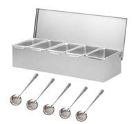Tokenhigh Récipient à ingrédients pour pizza, accessoires de restauration en acier inoxydable, 4 grilles, récipient à épices avec couvercle, support de bar à condiments, récipient pour accessoires de