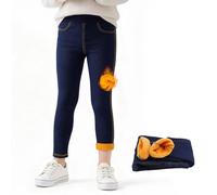 Tokeya Legging Polaire Filles Jeans Denim d'hiver Chaud Pantalon Couleur Unie Élastique Legging Thermique Enfant Long Pants avec Poche Hiver Vêtements Enfants pour 10-11 Ans, Bleu Marine