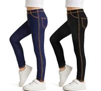 Tokeya Leggings Filles Jeans Denim Enfants Taille Haute Élastique Legging, Lot de 2, Confortable Longueur Pantalons avec Poche Printemps et Automnes Vêtements pour 11-12 Ans, Noir et Bleu Marine