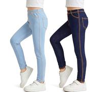 Tokeya Leggings Filles Jeans Denim Enfants Taille Haute Élastique Legging, Lot de 2, Confortable Longueur Pantalons avec Poche Printemps et Automnes Vêtements pour 8-9 Ans, Bleu Marine et Bleu Clair