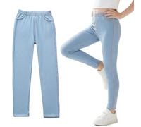 Tokeya Leggings pour Fille Jeans Denim, Élastique Taille Haute Pantalons Longs, Enfant Respirant Confortable Sport Legging avec Poche Printemps et Automne Vêtements Enfants pour 9-10 Ans, Bleu Clair