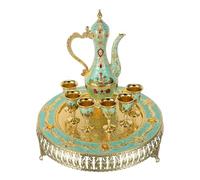 TOKIDNY Service à Thé Turc Vintage en Métal avec Pichet Tasses Décor Château Bleu Plateau Haut 3 Pièces - Ensemble Café et Thé Marocain pour Fêtes et Réceptions