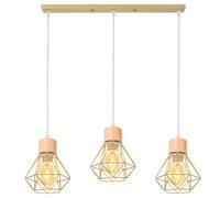 TOKIUS 3 Lampes Suspensions Luminaire Industrielles, Plafonnier E27 Vintage Lustre Doré Salon Lampe Plafond Métal et Bois forme Cage Ø160mm éclairage de Plafond Interieur (3 lampes-avec bois-barre)