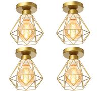 TOKIUS E27 Plafonnier Industriel Suspension Luminaire Vintage Design Lustre Métal Rétro forme Cage Ø160mm éclairage plafond 40W, Doré (4pcs)
