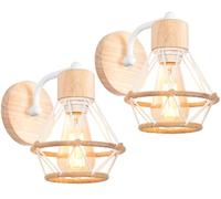 TOKIUS Lot de 2 Appliques Murales Interieur Vintage Industrielle Plafonnier Luminaire E27 en Métal Lampe Murale Industrielles Rétro Réglable 180° éclairage Mural Cuisine Salon (Blanc-A-avec bois-2)