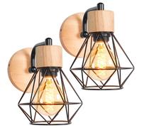 TOKIUS Lot de 2 Appliques Murales Interieur Vintages Industrielles Plafonniers Luminaires E27 en Métal Lampe Murale Industrielles Rétro éclairage Mural Noir Cuisine Salon (A-avec Bois - 2pcs)
