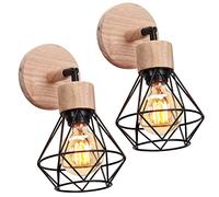 TOKIUS Lot de 2 Appliques Murales Interieur Vintages Industrielles Plafonniers Luminaires E27 en Métal Lampe Murale Industrielles Rétro Réglable 180° éclairage Mural Cuisine Salon (avec Bois -2pcs)