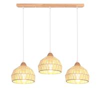 TOKIUS Suspension Luminaire Bohème, 3 Lumières Abat-jour Tressé en Rotin Bois Naturel Lustre E27 Salon Cuisine - Blanc, Barre 50 cm