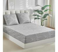 Tokokimo Drap-housse 160 x 200 cm - Gris - Design de branche et de feuilles - Poche de 35 cm de profondeur - Avec 2 taies d'oreiller de 80 x 80 cm avec fermeture éclair