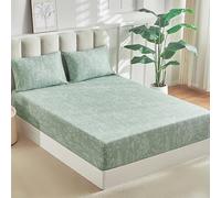 Tokokimo Drap-housse 160 x 200 cm - Vert sauge - Motif branche et motif floral - Poche de 35 cm de profondeur - Avec 2 taies d'oreiller de 80 x 80 cm avec fermeture éclair