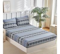 Tokokimo Drap-housse double avec 2 taies d'oreiller à enveloppe - Microfibre douce à rayures géométriques bohème bleu marine Draps-housses double 35cm de profondeur, 135x190 cm (S'adapte aux matelas