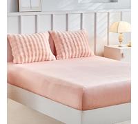 Tokokimo Drap-housse en polaire peluche pour lit double - Literie moelleuse - Faux fourrure douce et pelucheuse rose pâle de 35 cm de profondeur avec 2 taies d'oreiller enveloppantes, 135x190 cm